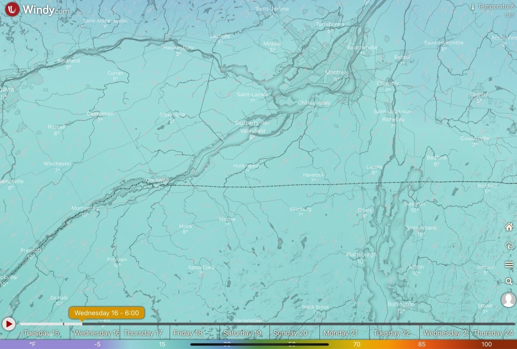 Map of forecast temperatures, New York - Quebec border